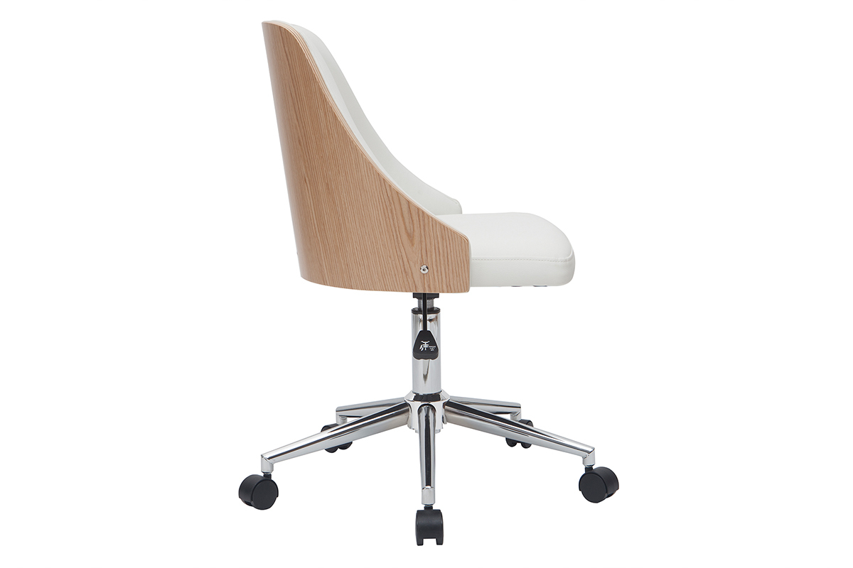 Chaise de bureau  roulettes design blanc, bois clair et acier chrom QUINO