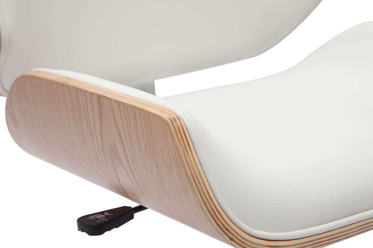 Chaise de bureau  roulettes design blanc, bois clair et acier chrom RUBBENS