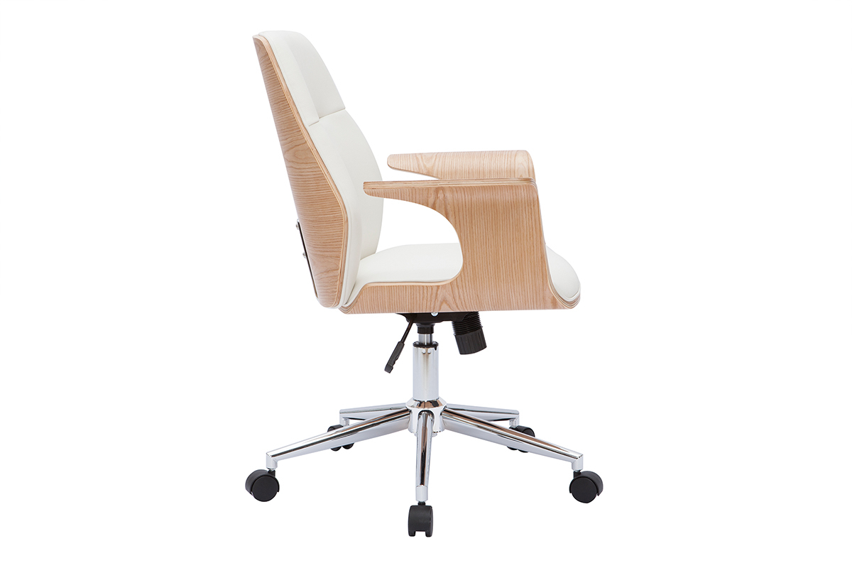 Chaise de bureau  roulettes design blanc, bois clair et acier chrom RUFIN