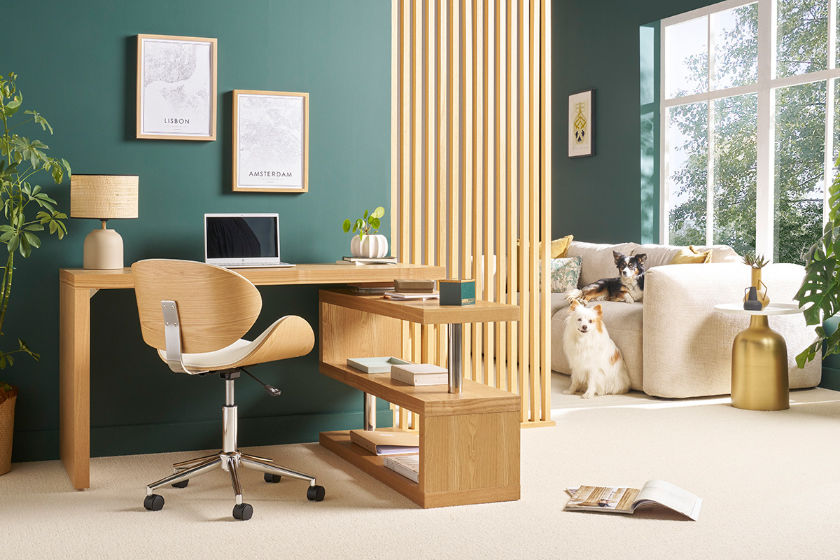 Chaise de bureau  roulettes design blanc, bois clair et acier chrom WALNUT