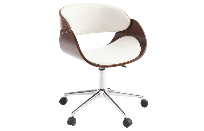 Chaise de bureau à roulettes design blanc, bois foncé noyer et acier chromé  WALNUT - Miliboo