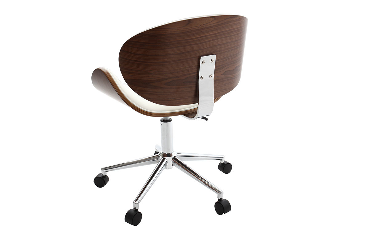 Chaise de bureau  roulettes design blanc, bois fonc noyer et acier chrom WALNUT