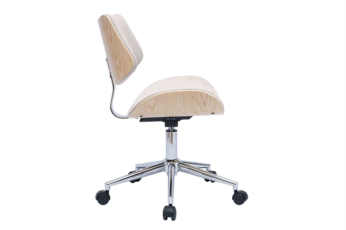 Chaise de bureau  roulettes design en tissu effet velours textur beige, bois clair chne et mtal MALMO