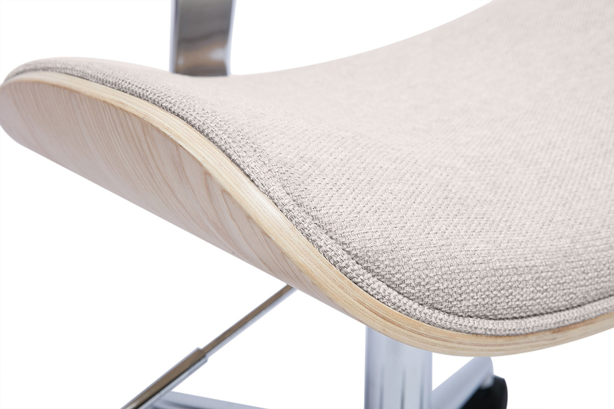 Chaise de bureau  roulettes design en tissu effet velours textur beige, bois clair chne et mtal MALMO