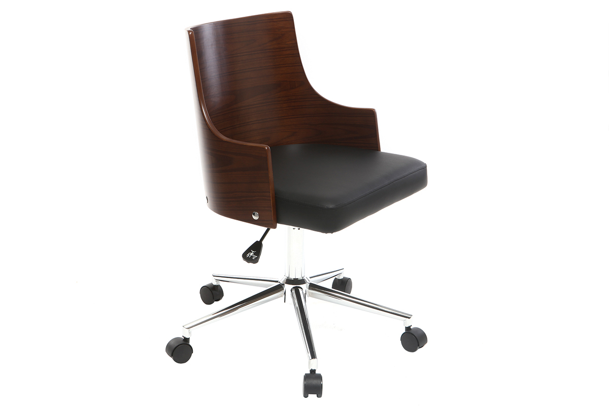 Chaise de bureau  roulettes design noir, bois fonc noyer et acier chrom MAYOL