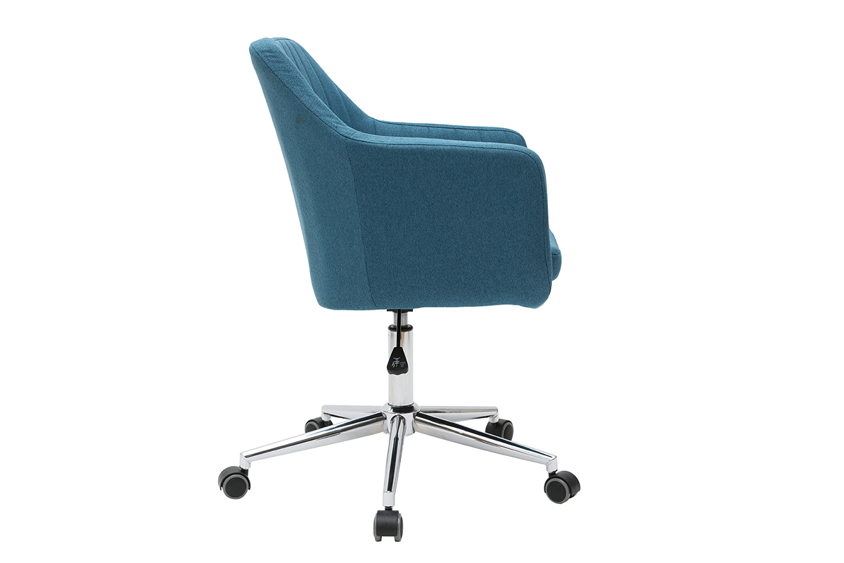 Chaise de bureau  roulettes en tissu bleu canard et acier chrom ALEYNA