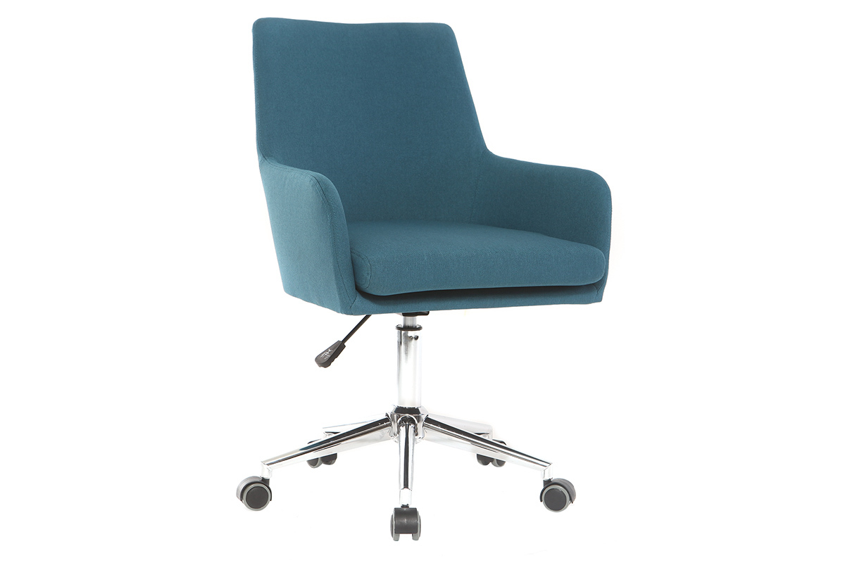 Chaise de bureau  roulettes en tissu bleu canard et acier chrom SHANA