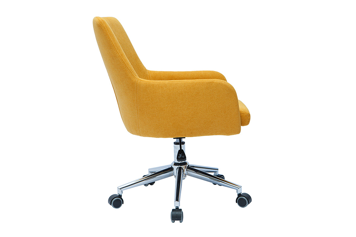 Chaise de bureau  roulettes en tissu effet velours jaune moutarde et acier chrom SHANA