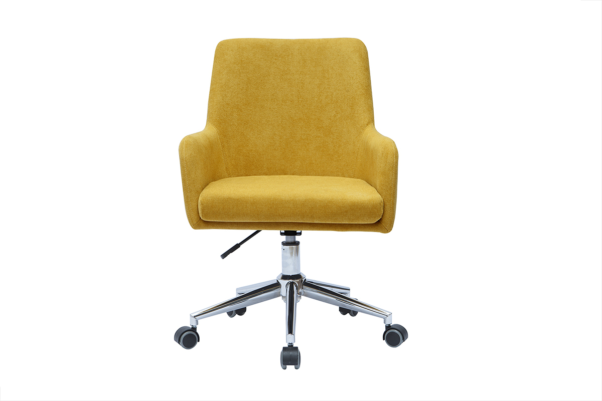 Chaise de bureau  roulettes en tissu effet velours jaune moutarde et acier chrom SHANA