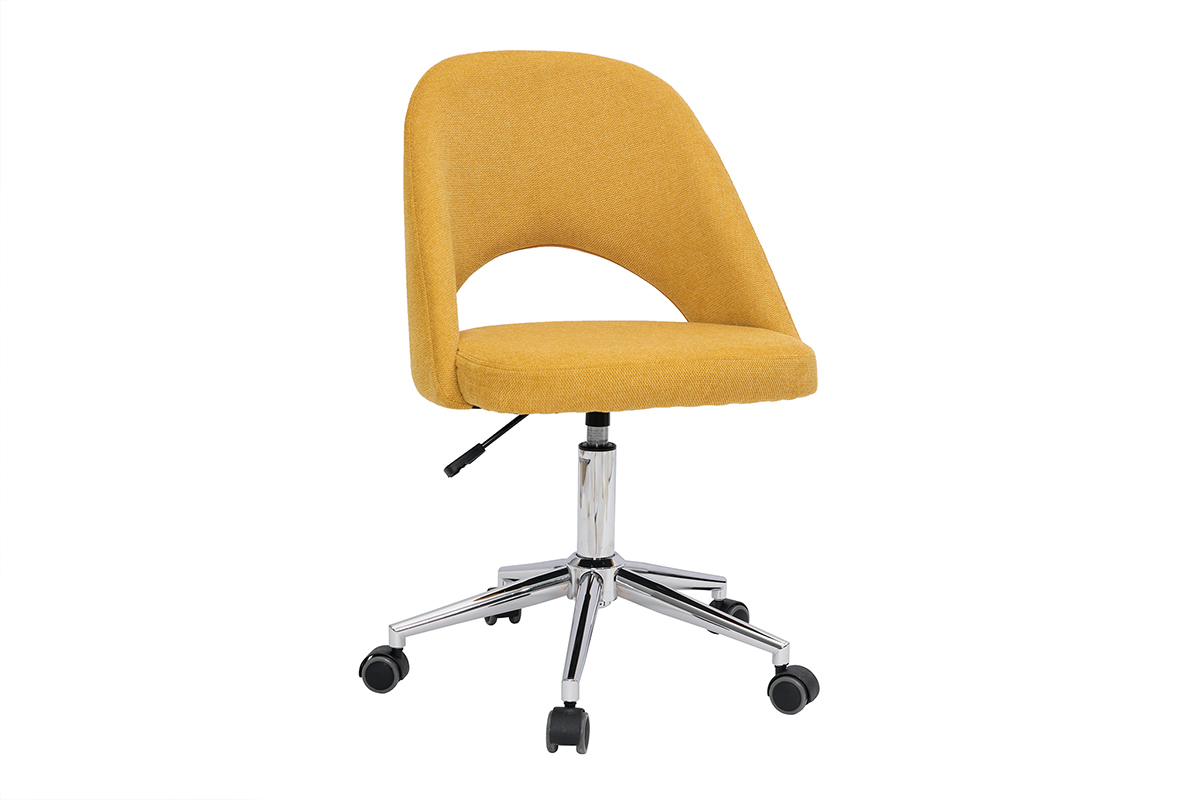 Chaise de bureau  roulettes en tissu effet velours textur jaune moutarde et acier chrom COSETTE