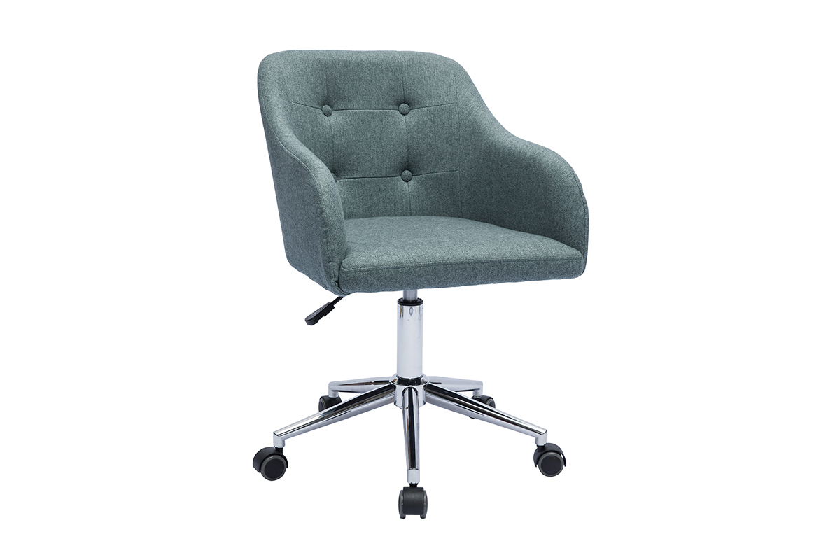 Chaise de bureau capitonne  roulettes en tissu effet velours textur vert de gris et mtal chrom BALTIK