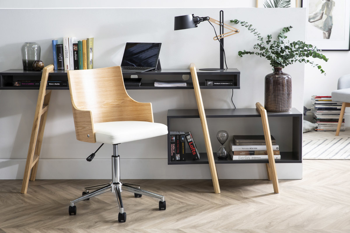 Chaise de bureau design blanche et bois clair MAYOL