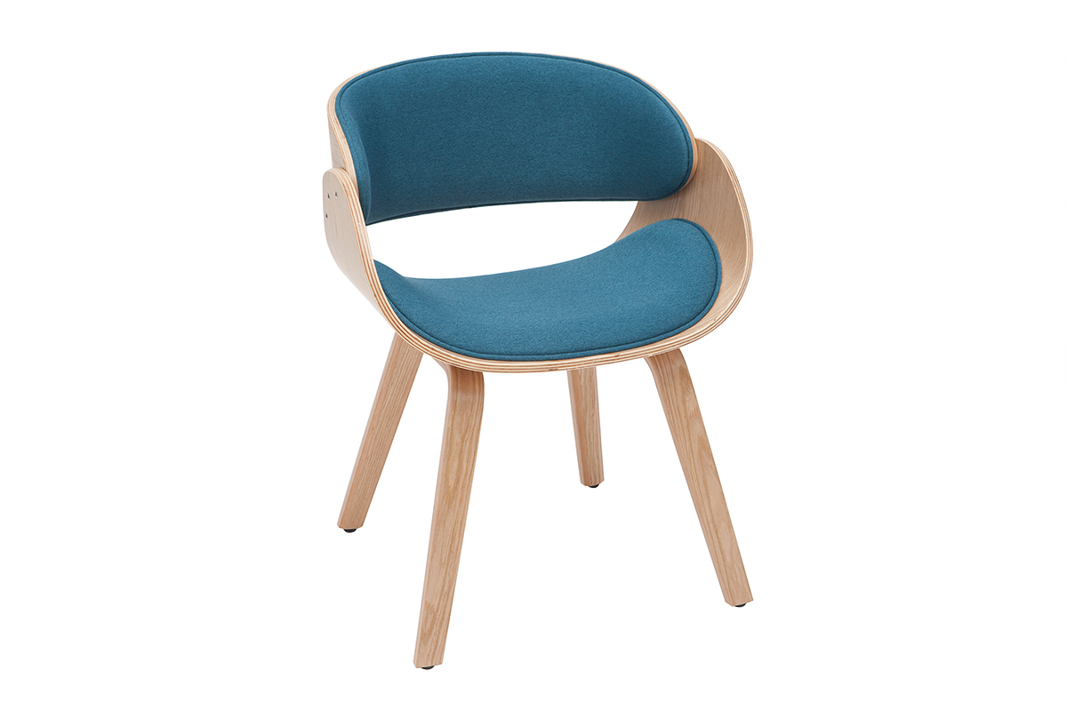 Chaise design en tissu bleu canard et bois clair BENT