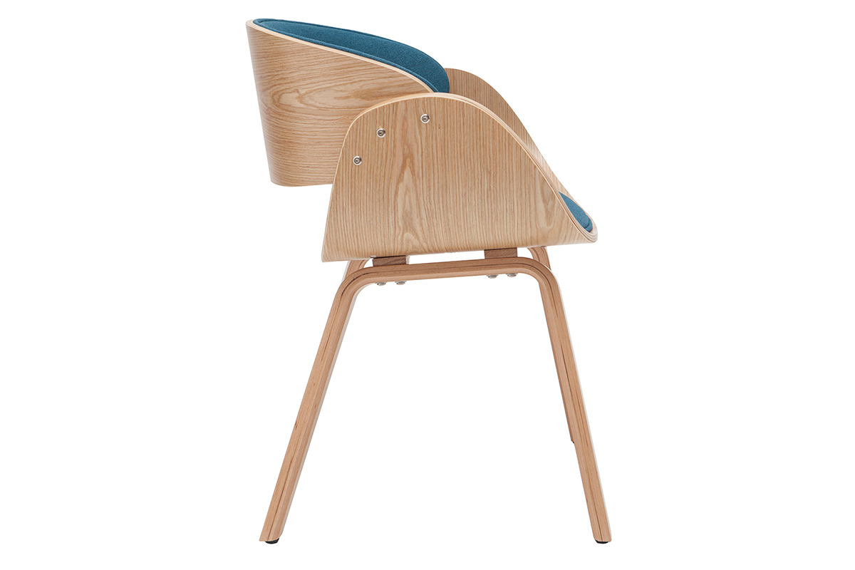 Chaise design en tissu bleu canard et bois clair BENT