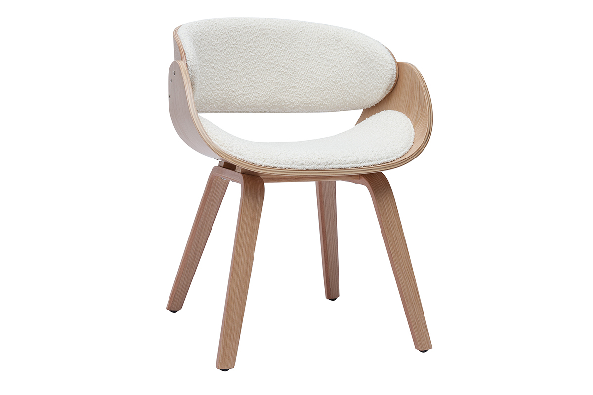 Chaise design en tissu effet laine boucle blanc et bois clair BENT