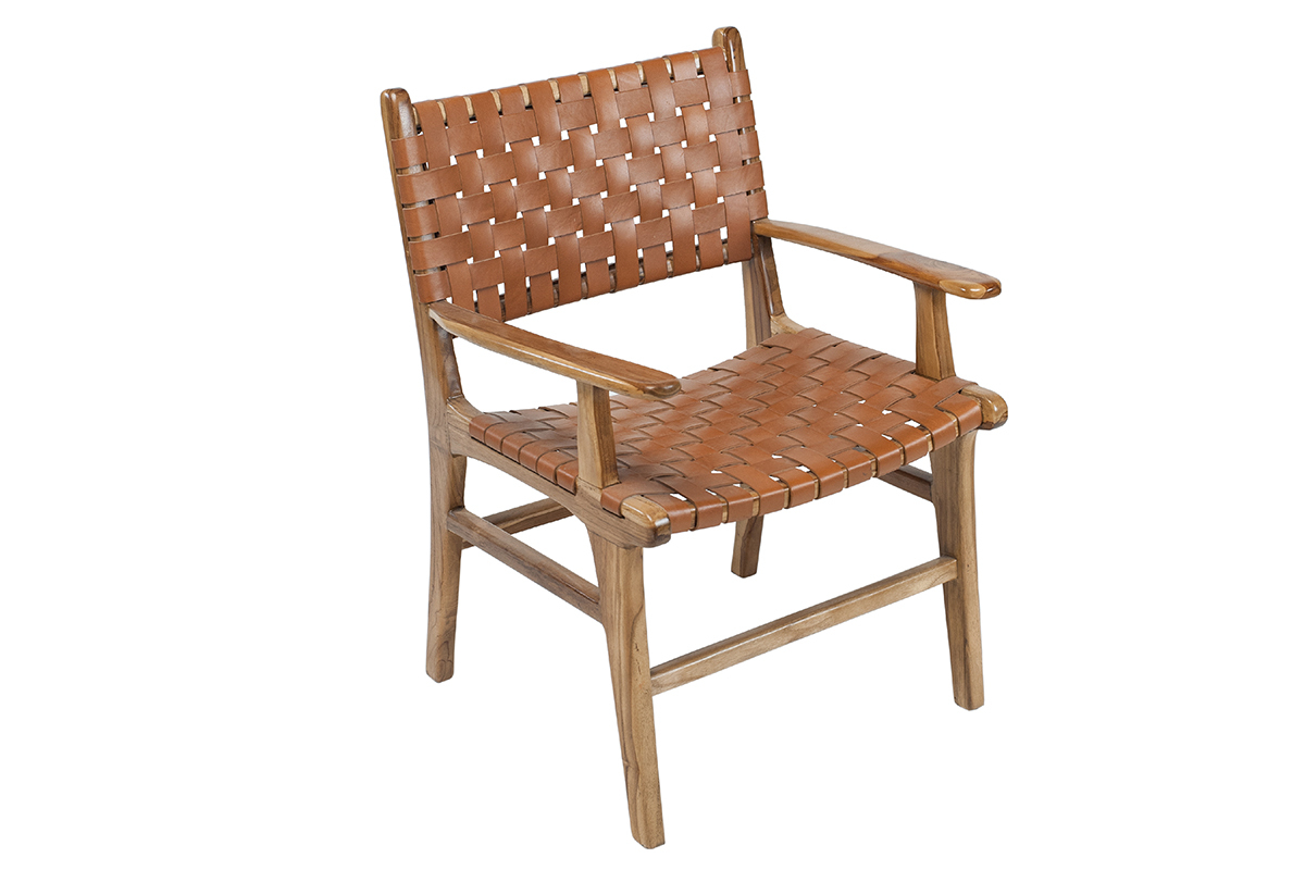 Chaise en bois teck massif et sangles en cuir marron LODGE