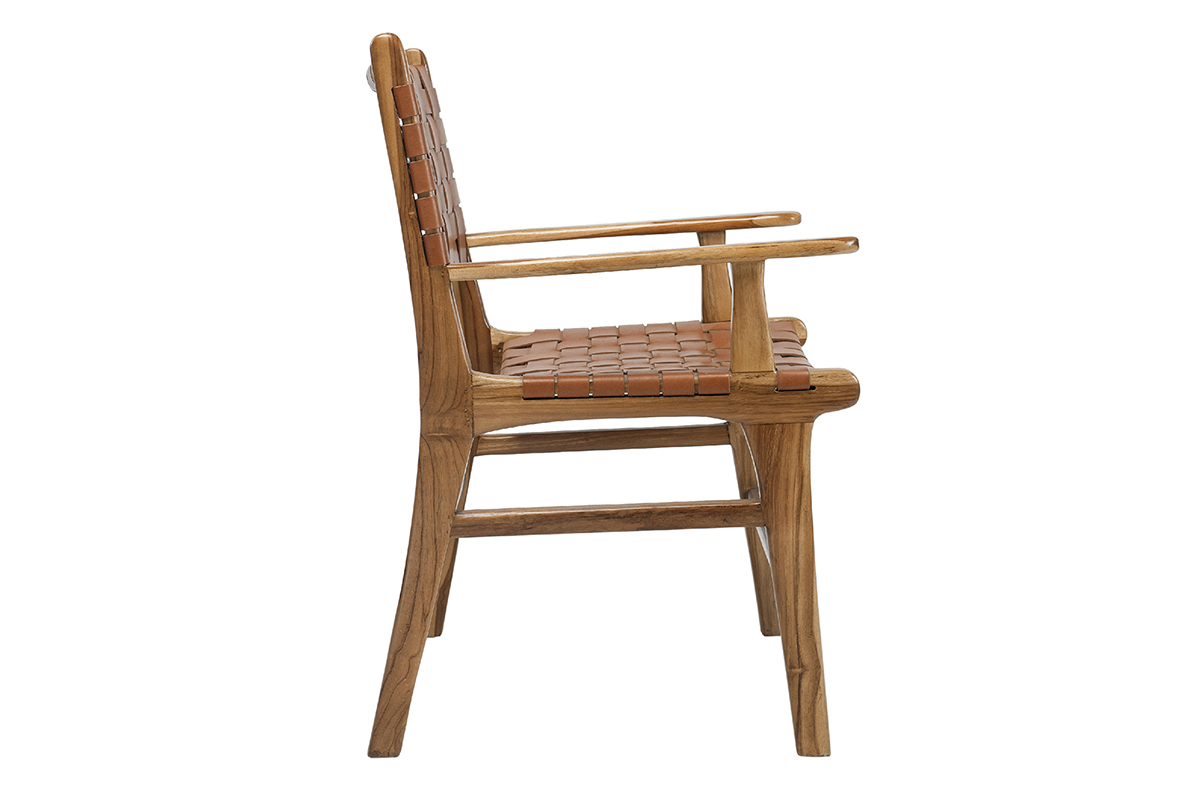 Chaise en bois teck massif et sangles en cuir marron LODGE