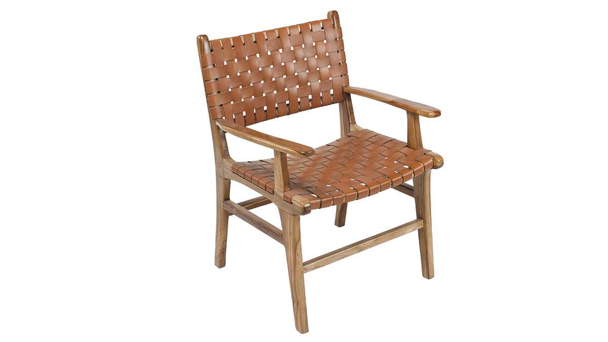 Chaise en bois teck massif et sangles en cuir marron LODGE