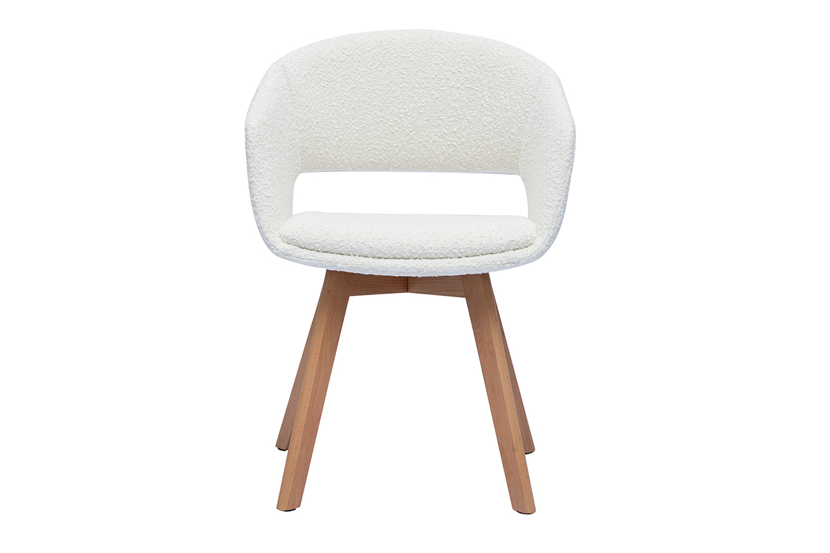 Chaise scandinave en tissu effet laine boucle blanc et bois clair massif PRISMA