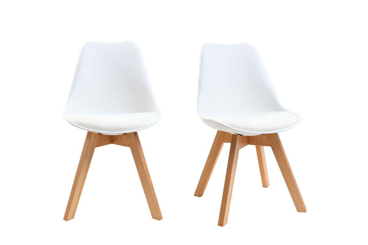 Chaises design blanc et bois clair massif (lot de 2) PAULINE