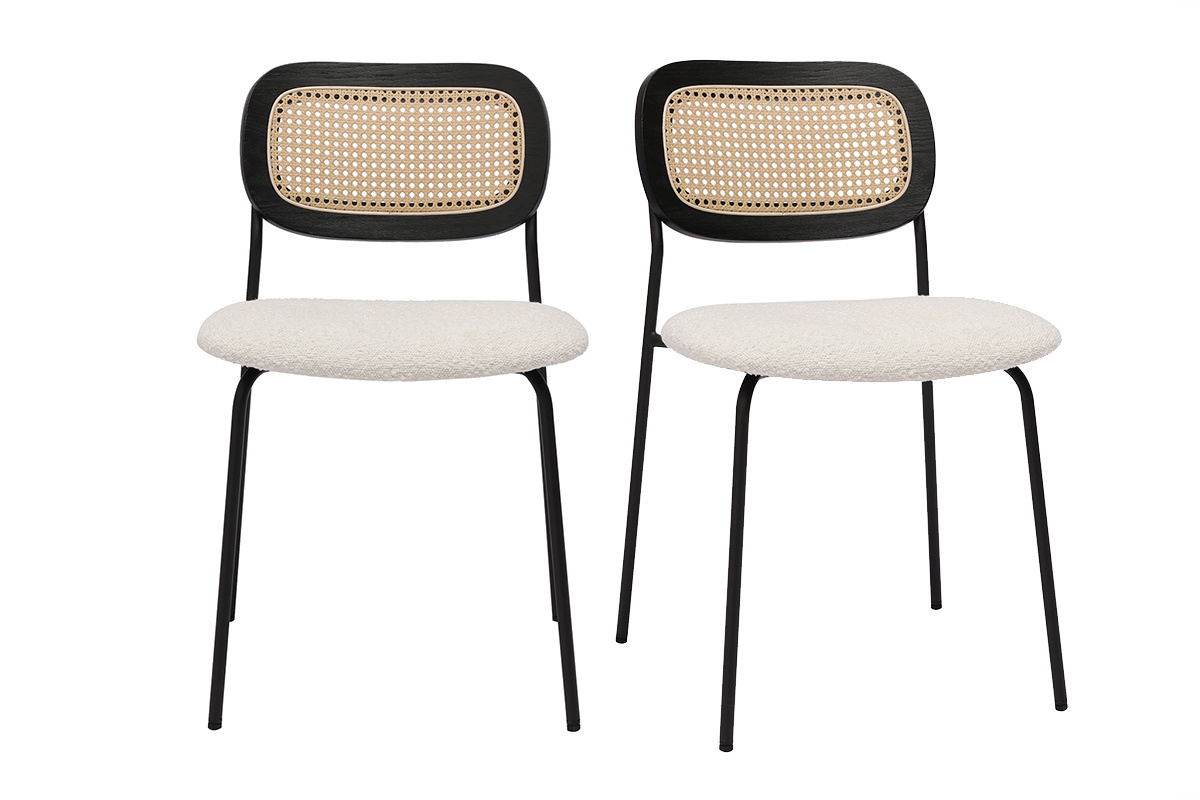 Chaises design en tissu effet laine boucle blanc, mtal noir et cannage rotin (lot de 2) MIRANDA