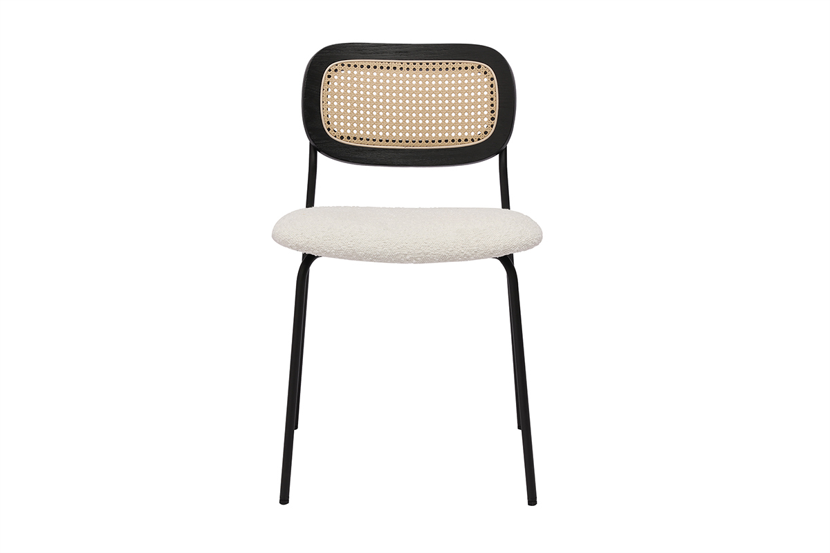 Chaises design en tissu effet laine boucle blanc, mtal noir et cannage rotin (lot de 2) MIRANDA