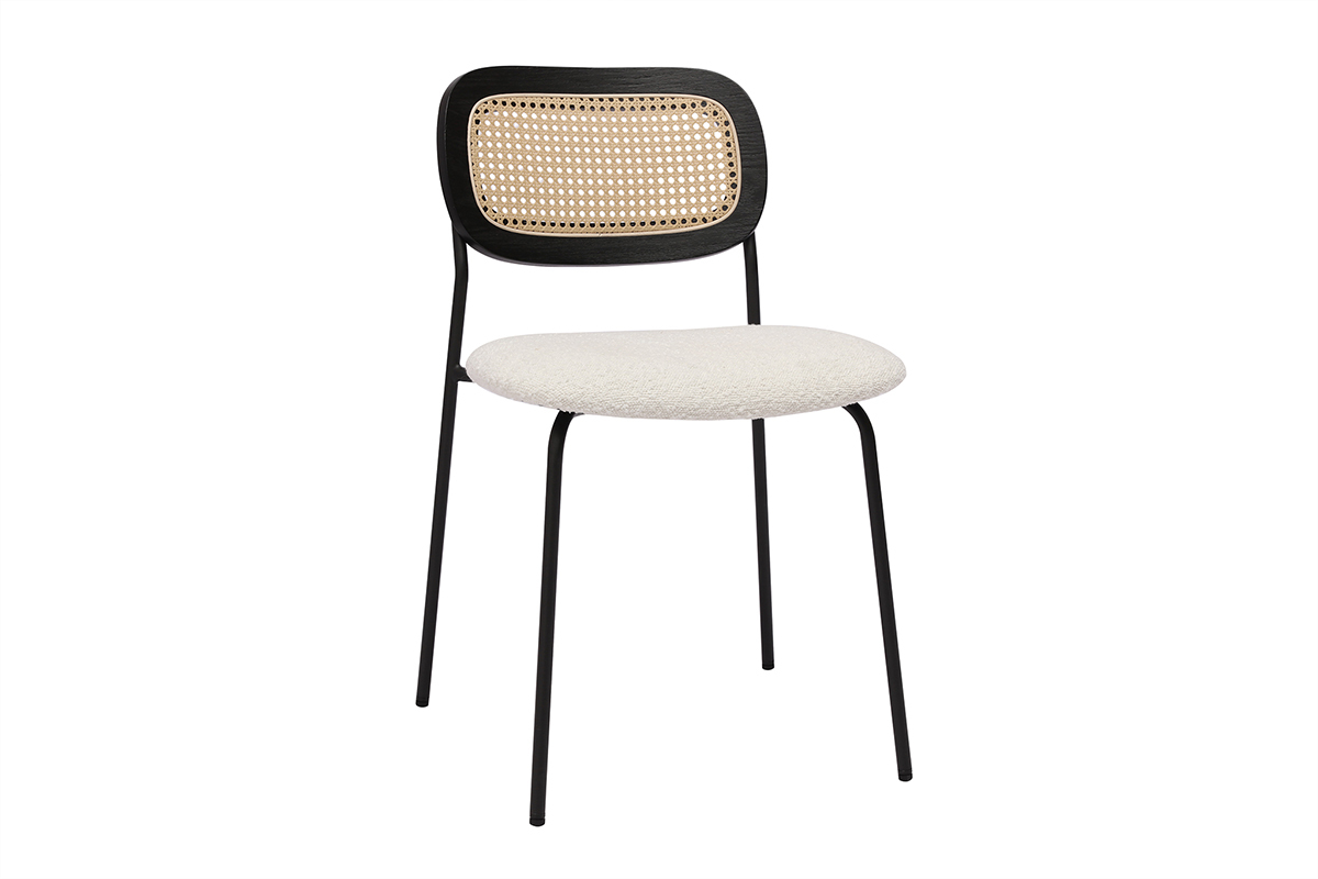 Chaises design en tissu effet laine boucle blanc, mtal noir et cannage rotin (lot de 2) MIRANDA