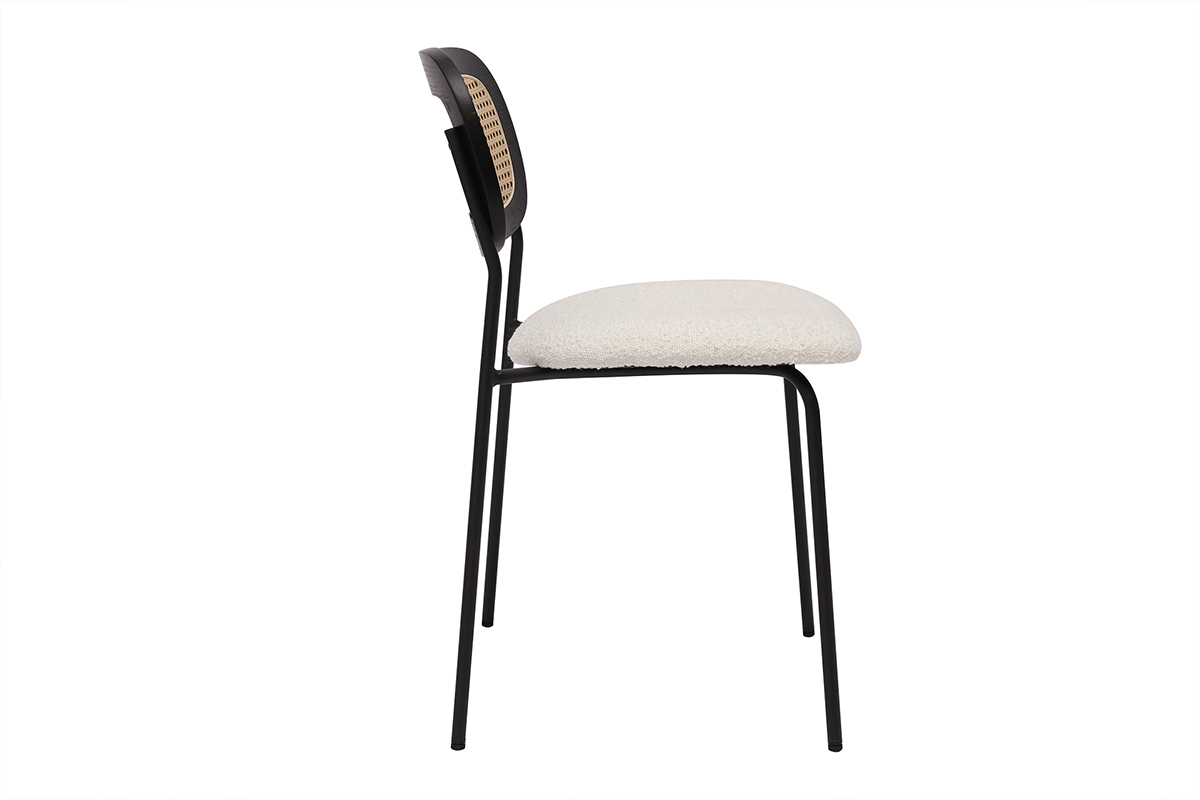 Chaises design en tissu effet laine boucle blanc, mtal noir et cannage rotin (lot de 2) MIRANDA