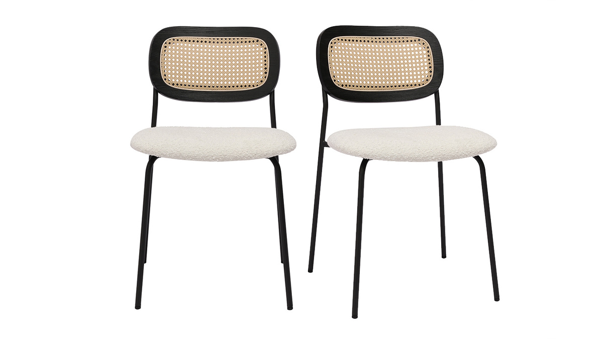 Chaises design en tissu effet laine boucle blanc, mtal noir et cannage rotin (lot de 2) MIRANDA