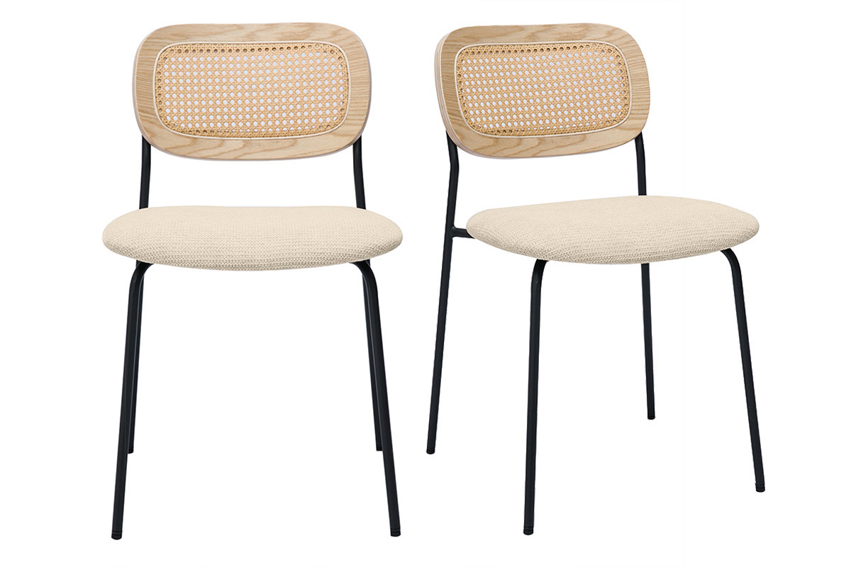 Chaises design en tissu effet velours textur beige, mtal noir et cannage rotin (lot de 2) MIRANDA