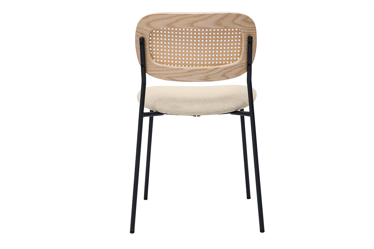 Chaises design en tissu effet velours textur beige, mtal noir et cannage rotin (lot de 2) MIRANDA