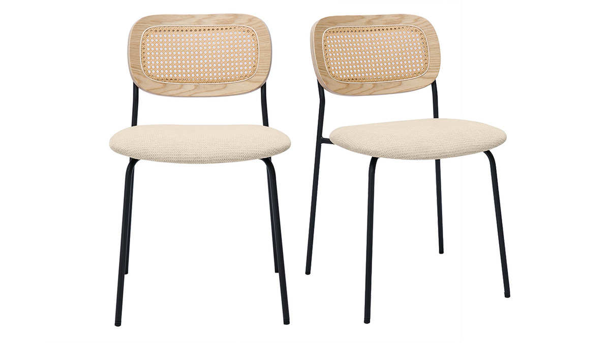 Chaises design en tissu effet velours textur beige, mtal noir et cannage rotin (lot de 2) MIRANDA