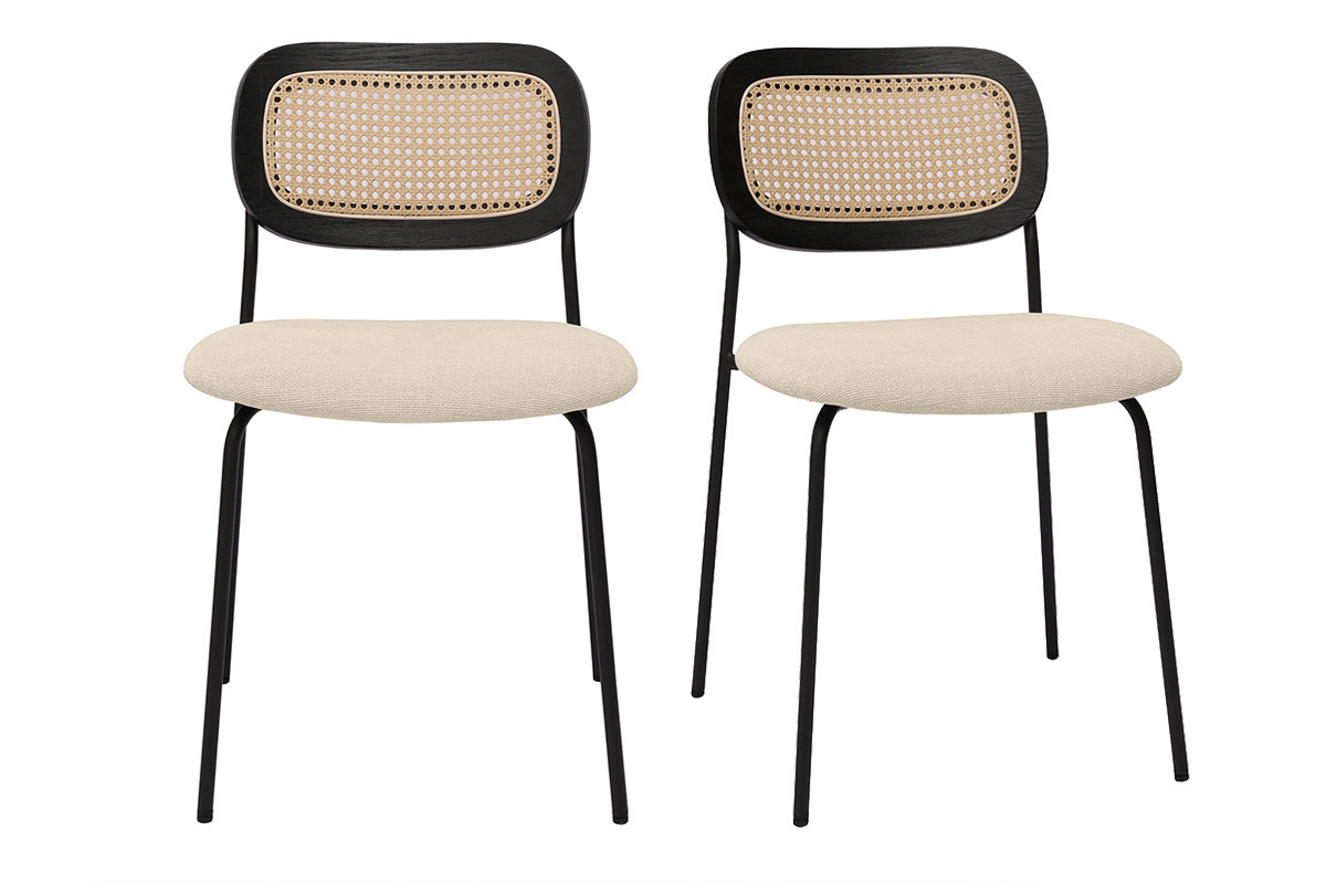 Chaises design en tissu effet velours textur beige, mtal noir et cannage rotin (lot de 2) MIRANDA