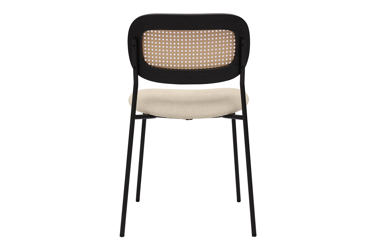 Chaises design en tissu effet velours textur beige, mtal noir et cannage rotin (lot de 2) MIRANDA