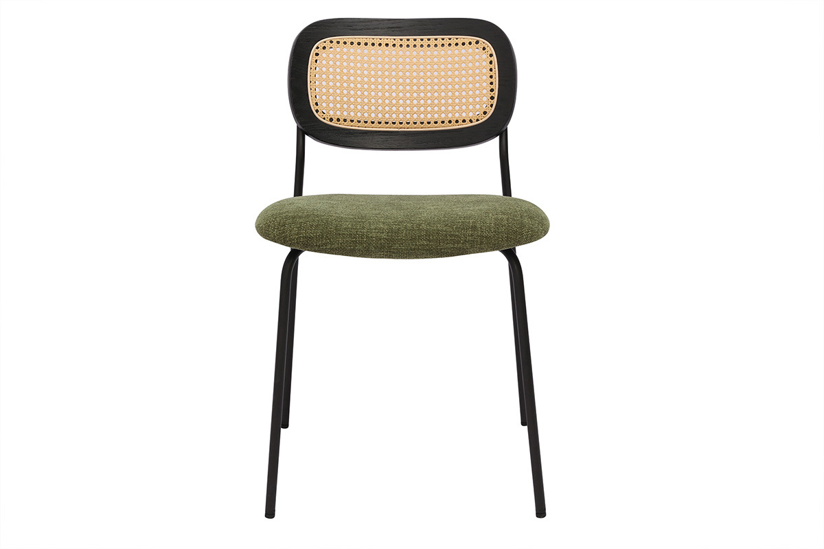 Chaises design en tissu effet velours textur vert kaki, mtal noir et cannage rotin (lot de 2) MIRANDA