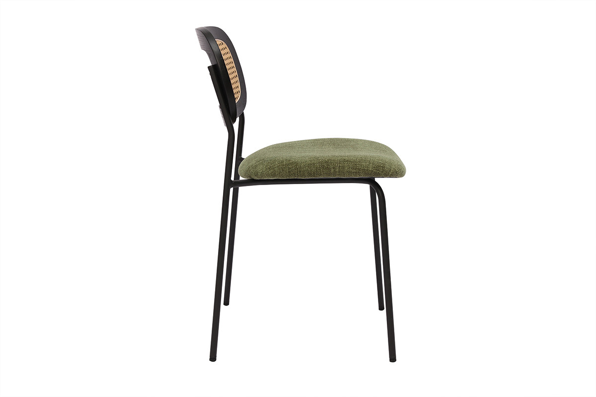 Chaises design en tissu effet velours textur vert kaki, mtal noir et cannage rotin (lot de 2) MIRANDA