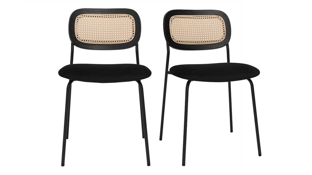 Chaises design en velours noir, mtal noir et cannage rotin (lot de 2) MIRANDA