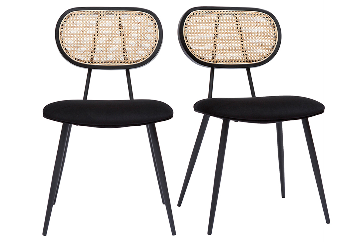 Chaises design noires en tissu velours, mtal et cannage rotin naturel (lot de 2) TOLMA