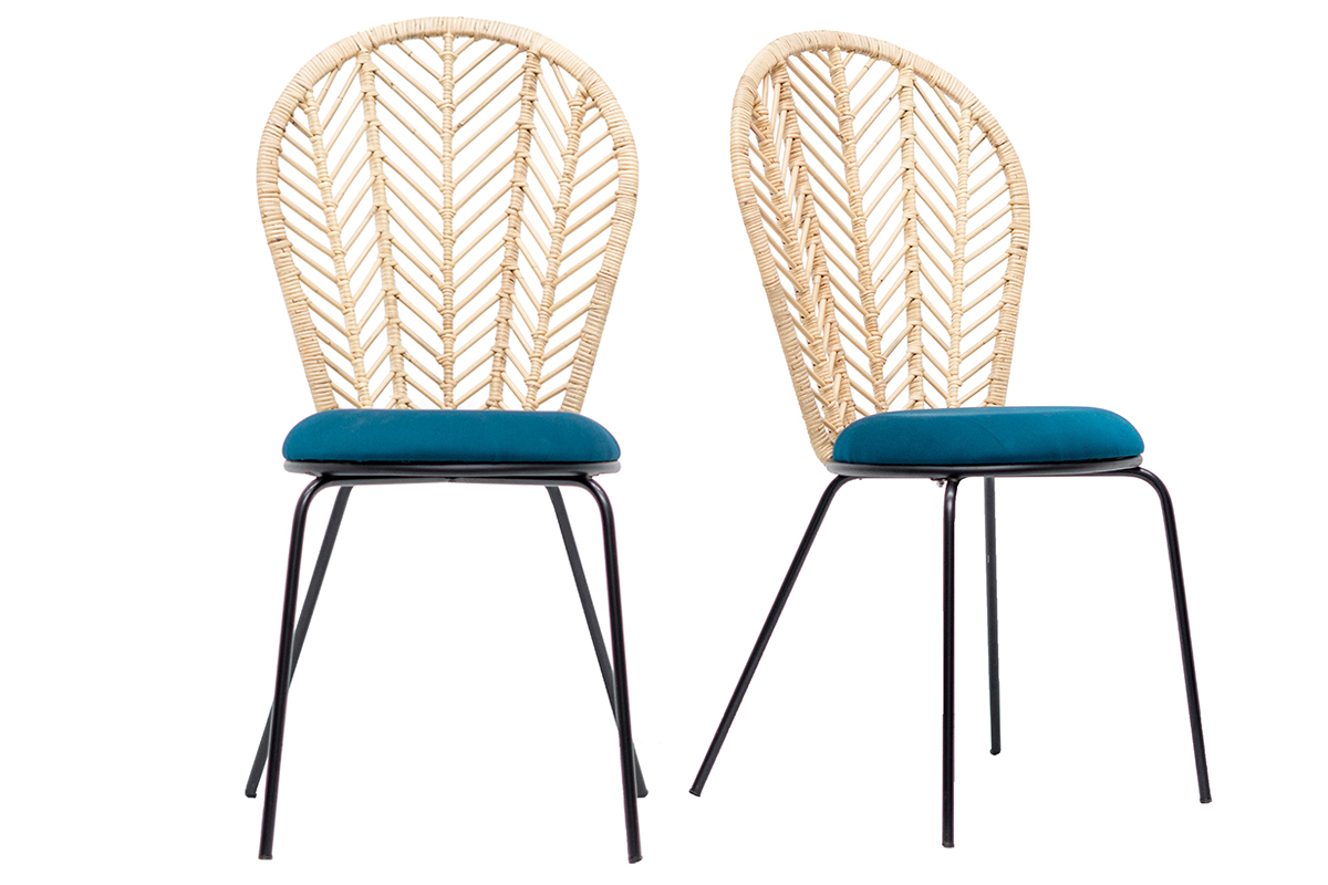 Chaises en rotin, tissu bleu ptrole et mtal noir (lot de 2) PEACOCK