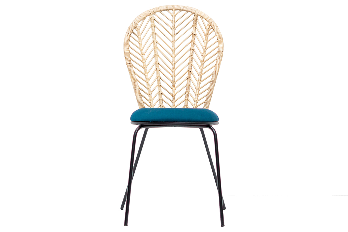 Chaises en rotin, tissu bleu ptrole et mtal noir (lot de 2) PEACOCK