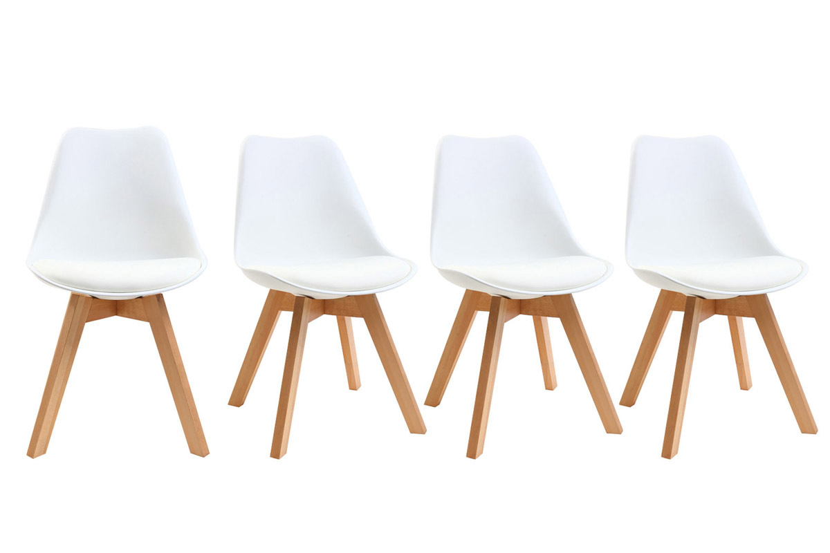 Chaises scandinaves blanc et bois clair massif (lot de 4) PAULINE