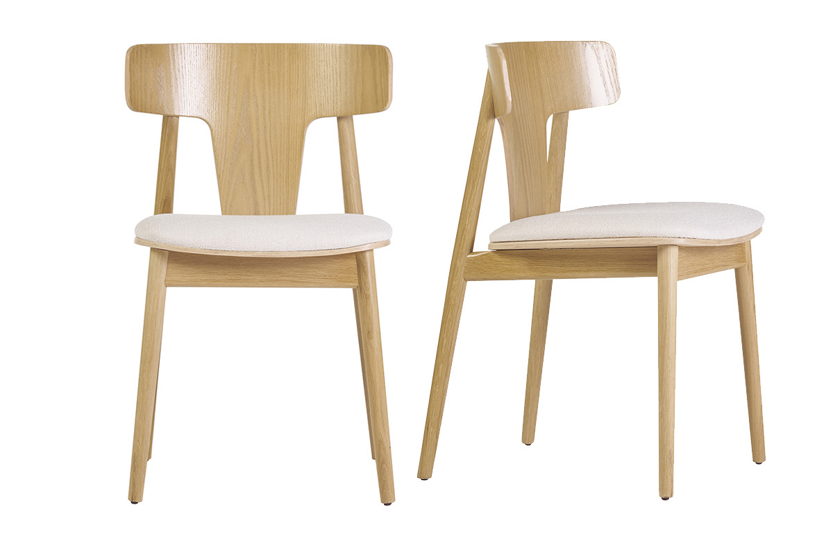 Chaises scandinaves en bois clair chne massif et tissu effet laine boucle blanc cass (lot de 2) LOUISA