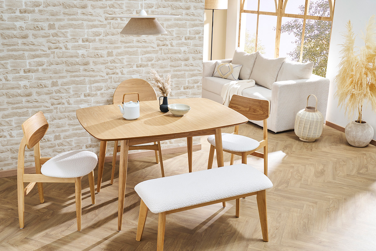 Chaises scandinaves en bois clair et tissu effet laine boucle blanc (lot de 2) ELION