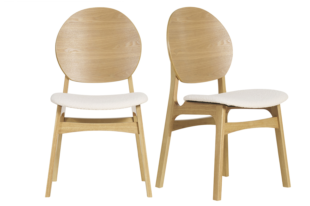 Chaises scandinaves en bois clair et tissu effet laine boucle blanc (lot de 2) ELTON