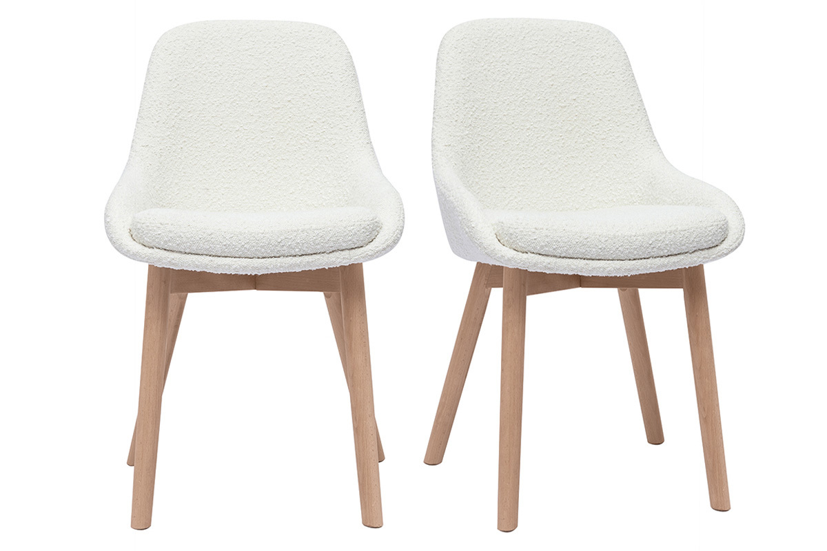 Chaises scandinaves en tissu effet laine boucle blanc et bois clair massif (lot de 2) HOLO