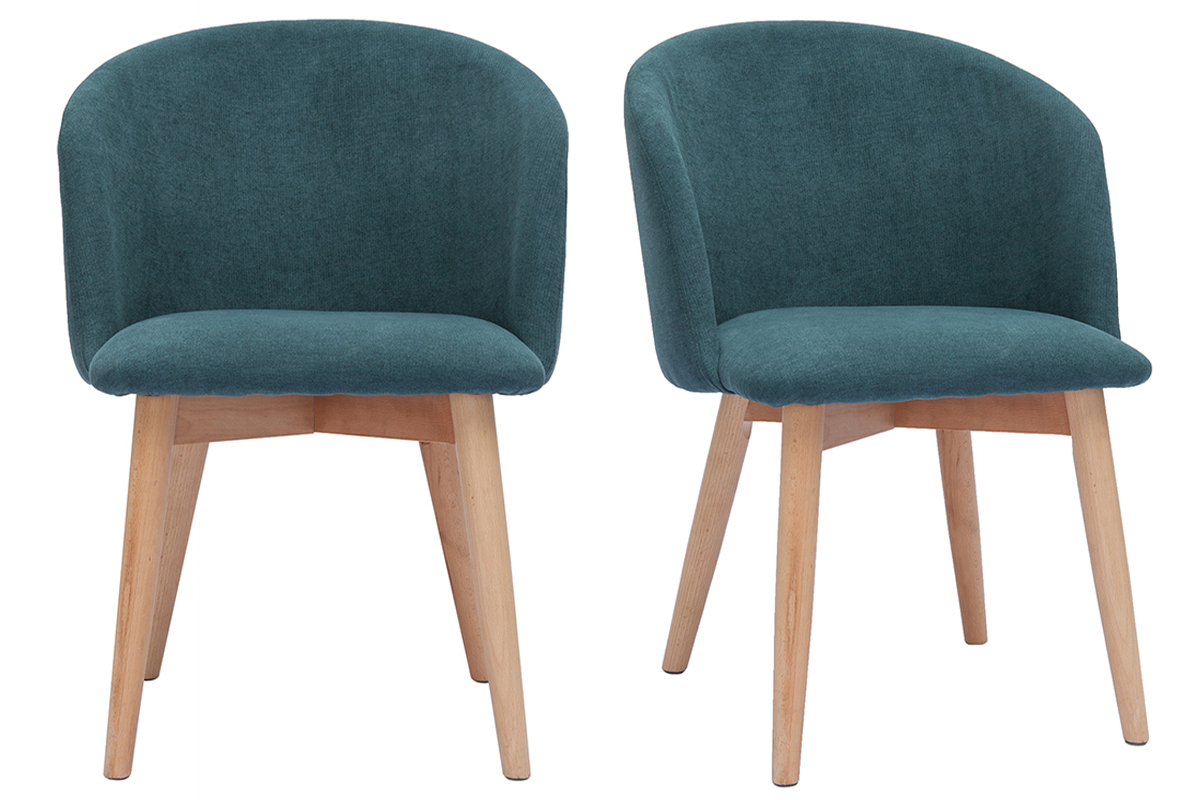 Chaises scandinaves en tissu effet velours bleu canard et bois clair massif (lot de 2) VANITY