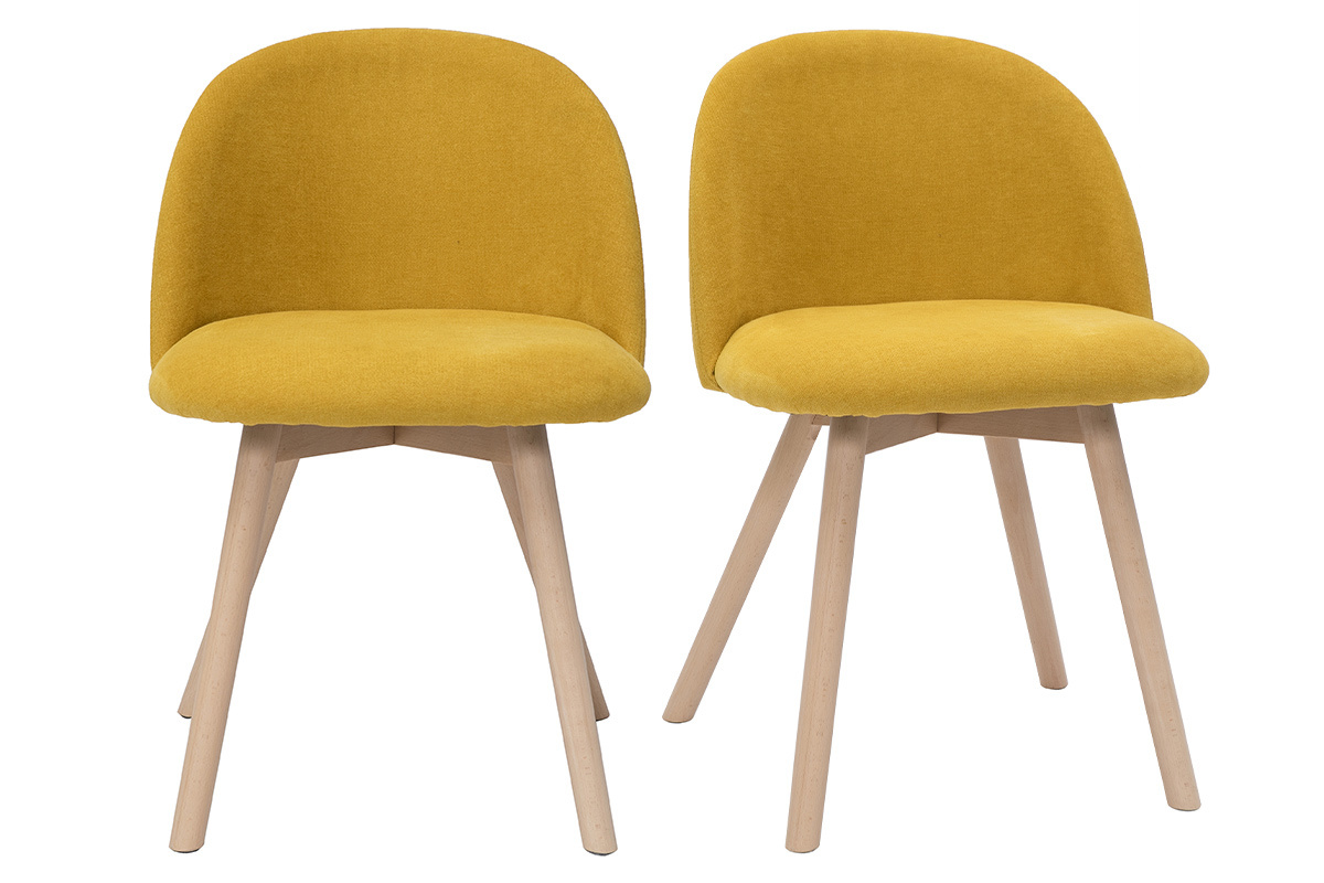 Chaises scandinaves en tissu effet velours jaune moutarde et bois clair massif (lot de 2) CELESTE