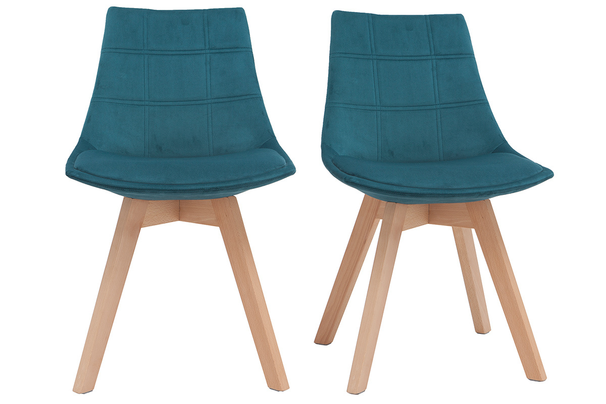 Chaises scandinaves en tissu velours bleu ptrole et bois clair (lot de 2) MATILDE