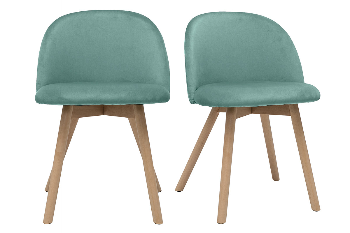 Chaises scandinaves en tissu velours vert cladon et bois clair massif (lot de 2) CELESTE