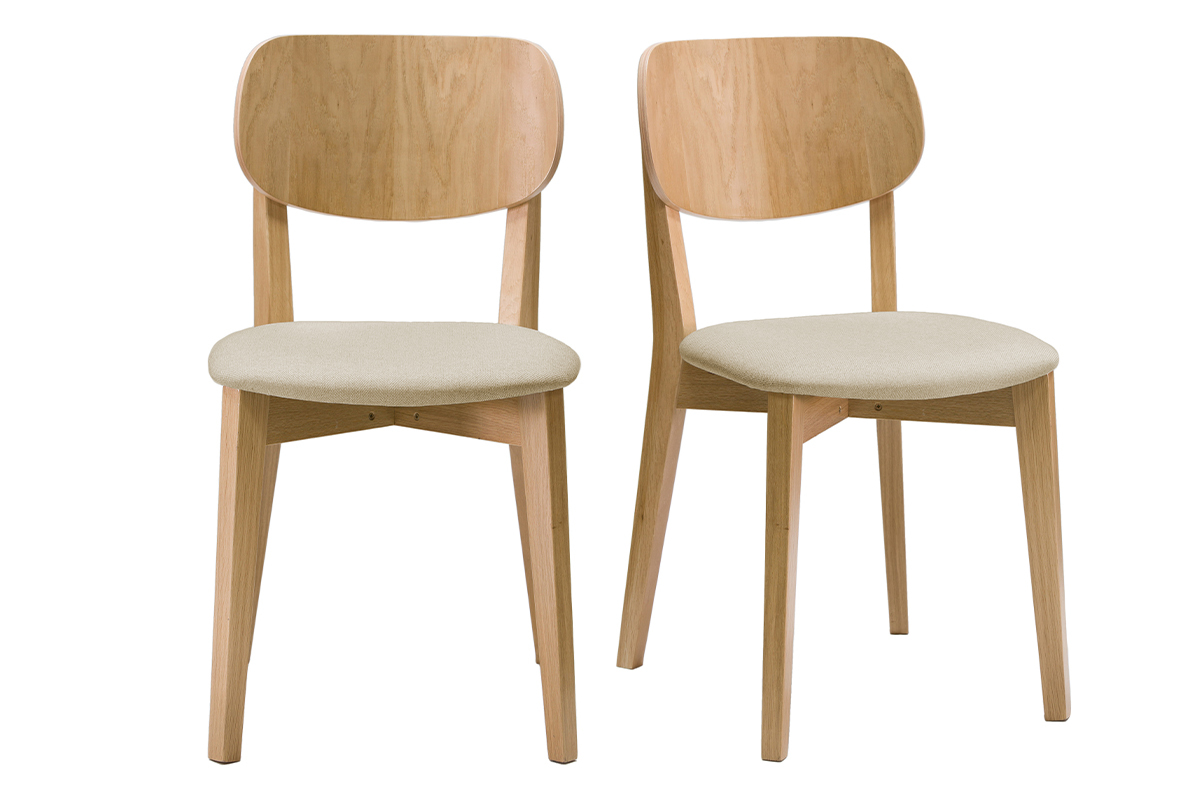 Chaises vintage en bois clair chne et tissu beige (lot de 2) LUCIA